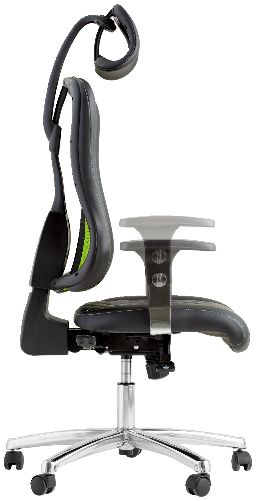 Zijaanzicht van een ergonomische gamingstoel met verstelbare hoofdsteun en armleuningen, zwarte lederen bekleding en groene accenten.