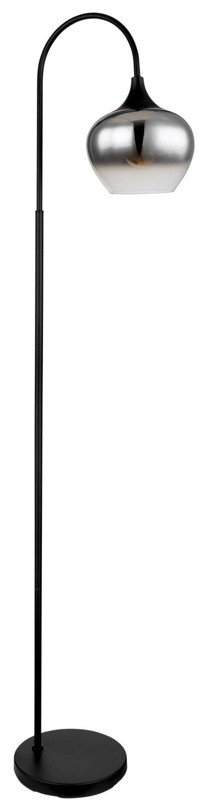 Moderne Stehleuchte mit gebogenem schwarzem Ständer und glänzendem, silbernem Lampenschirm, seitliche Perspektive