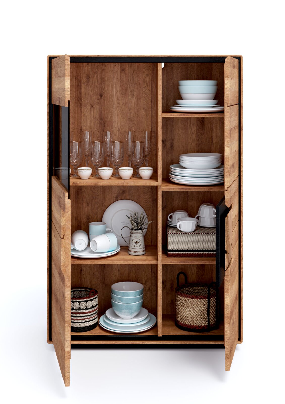 Offener Holz-Geschirrschrank mit Regalböden und Glaselementen, gefüllt mit Tellern, Schüsseln, Gläsern und Körben, frontal aus leicht erhöhter Perspektive fotografiert.
