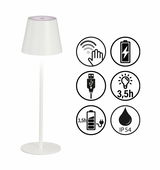 Weiße Akku-Tischleuchte VILETTO mit Touch-Bedienung, USB-Ladeanschluss, 3,5 Stunden Leuchtdauer, IP54 Schutz, seitliche Ansicht.