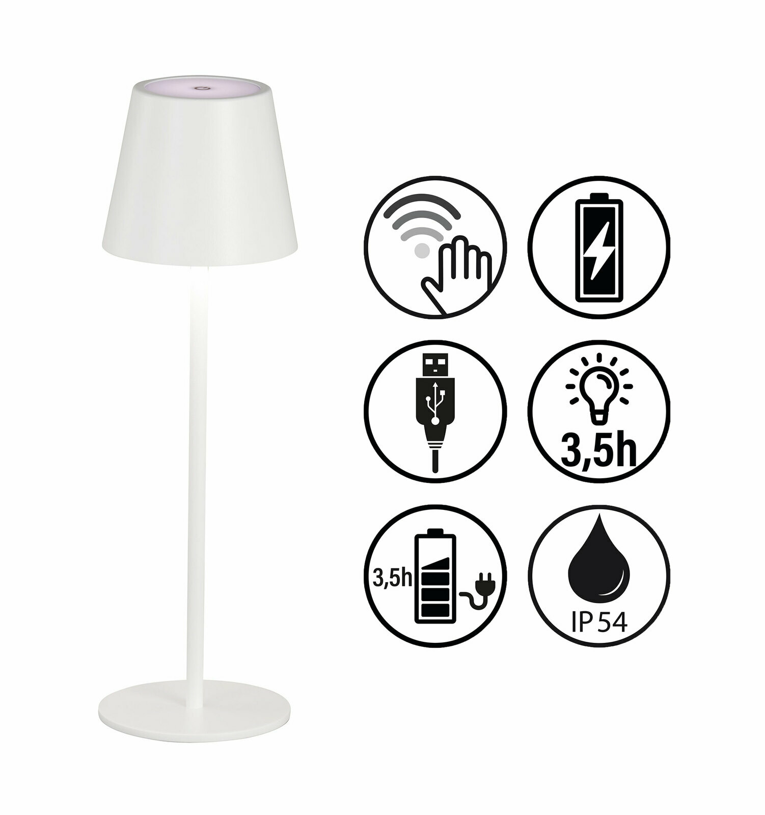Weiße Akku-Tischleuchte VILETTO mit Touch-Bedienung, USB-Ladeanschluss, 3,5 Stunden Leuchtdauer, IP54 Schutz, seitliche Ansicht.