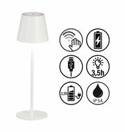 Weiße Akku-Tischleuchte VILETTO mit Touch-Bedienung, USB-Ladeanschluss, 3,5 Stunden Leuchtdauer, IP54 Schutz, seitliche Ansicht.