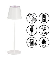 Weiße Akku-Tischleuchte VILETTO mit Touch-Bedienung, USB-Ladeanschluss, 3,5 Stunden Leuchtdauer, IP54 Schutz, seitliche Ansicht.