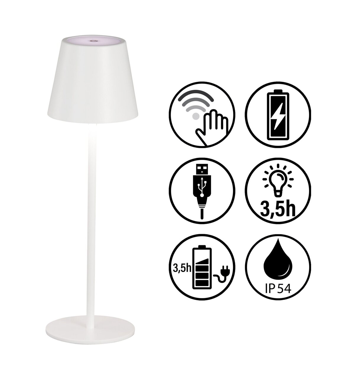 Weiße Akku-Tischleuchte VILETTO mit Touch-Bedienung, USB-Ladeanschluss, 3,5 Stunden Leuchtdauer, IP54 Schutz, seitliche Ansicht.