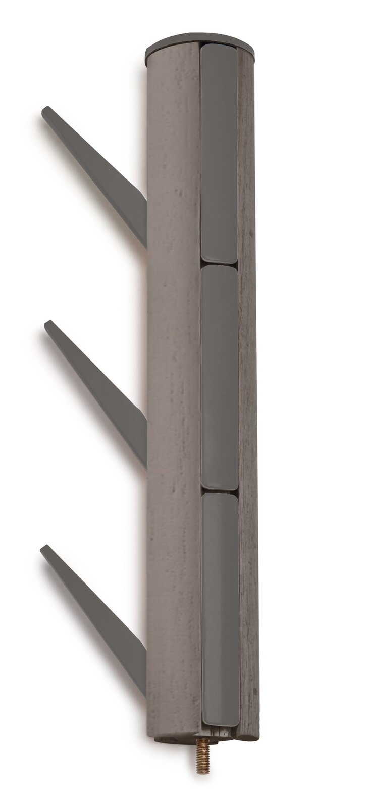 Moderner Garderobenständer aus Holz und Metall mit seitlicher Perspektive.