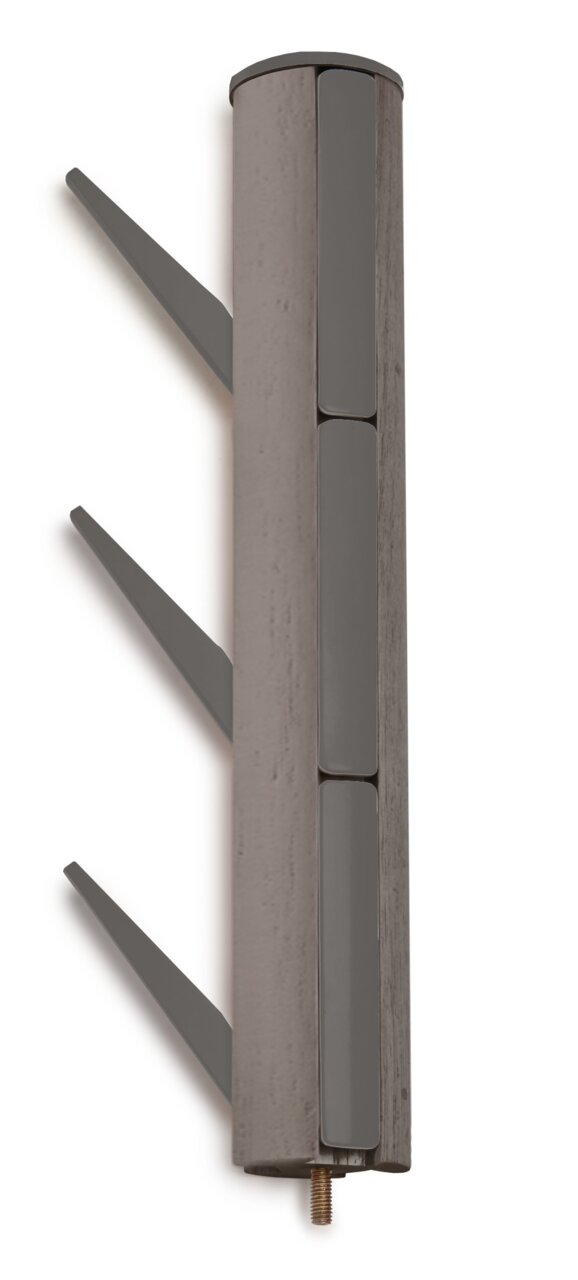Moderner Garderobenständer aus Holz und Metall mit seitlicher Perspektive.