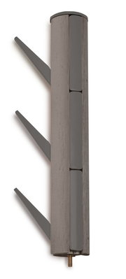 Moderner Garderobenständer aus Holz und Metall mit seitlicher Perspektive.