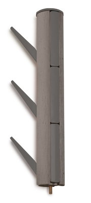 Moderner Garderobenständer aus Holz und Metall mit seitlicher Perspektive.