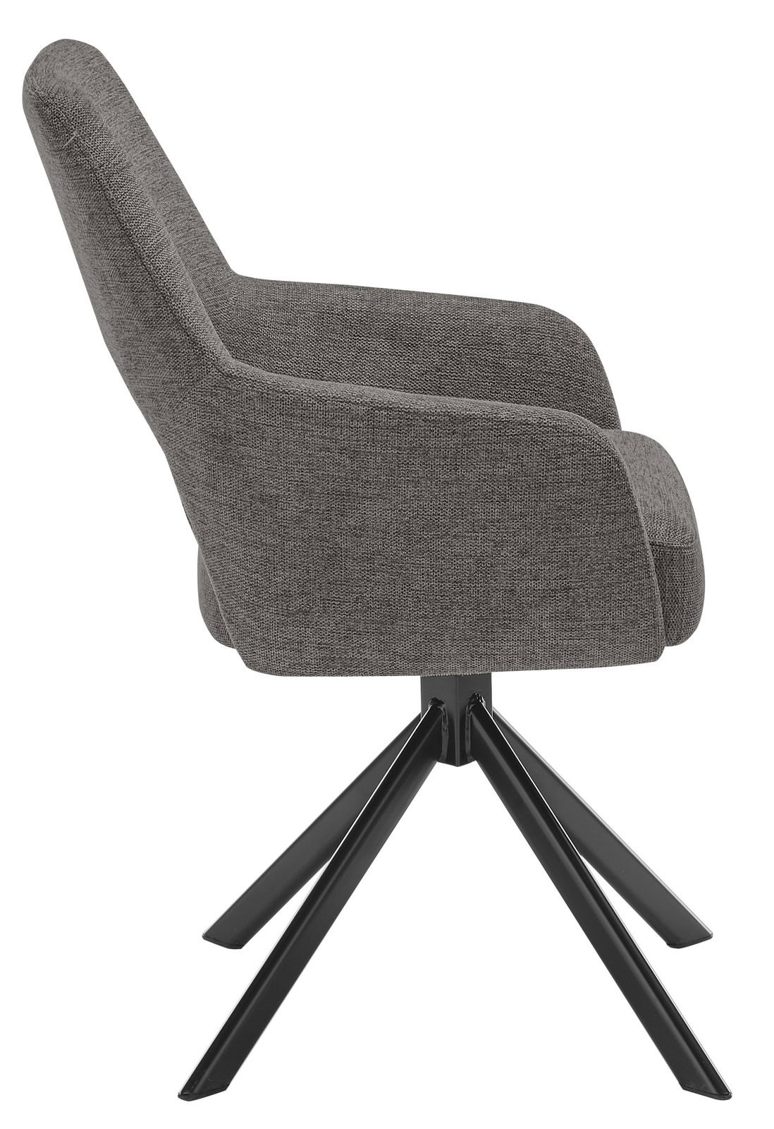 Grauer Armlehnstuhl mit schwarzem Metallgestell, Seitenansicht