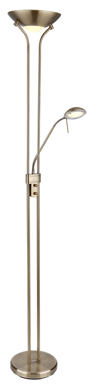 Moderner Deckenfluter mit zusätzlicher Leselampe, in eleganter Metalloptik, seitliche Perspektive