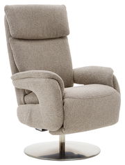 Beiger Fernsehsessel mit Stoffbezug und drehbarem Metallfuß, seitliche Perspektive