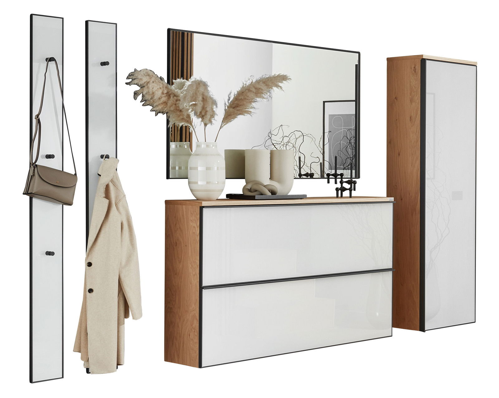 Modernes Garderoben-Set mit Spiegel, Schrank und Haken, aus Holz und Glas, seitliche Perspektive