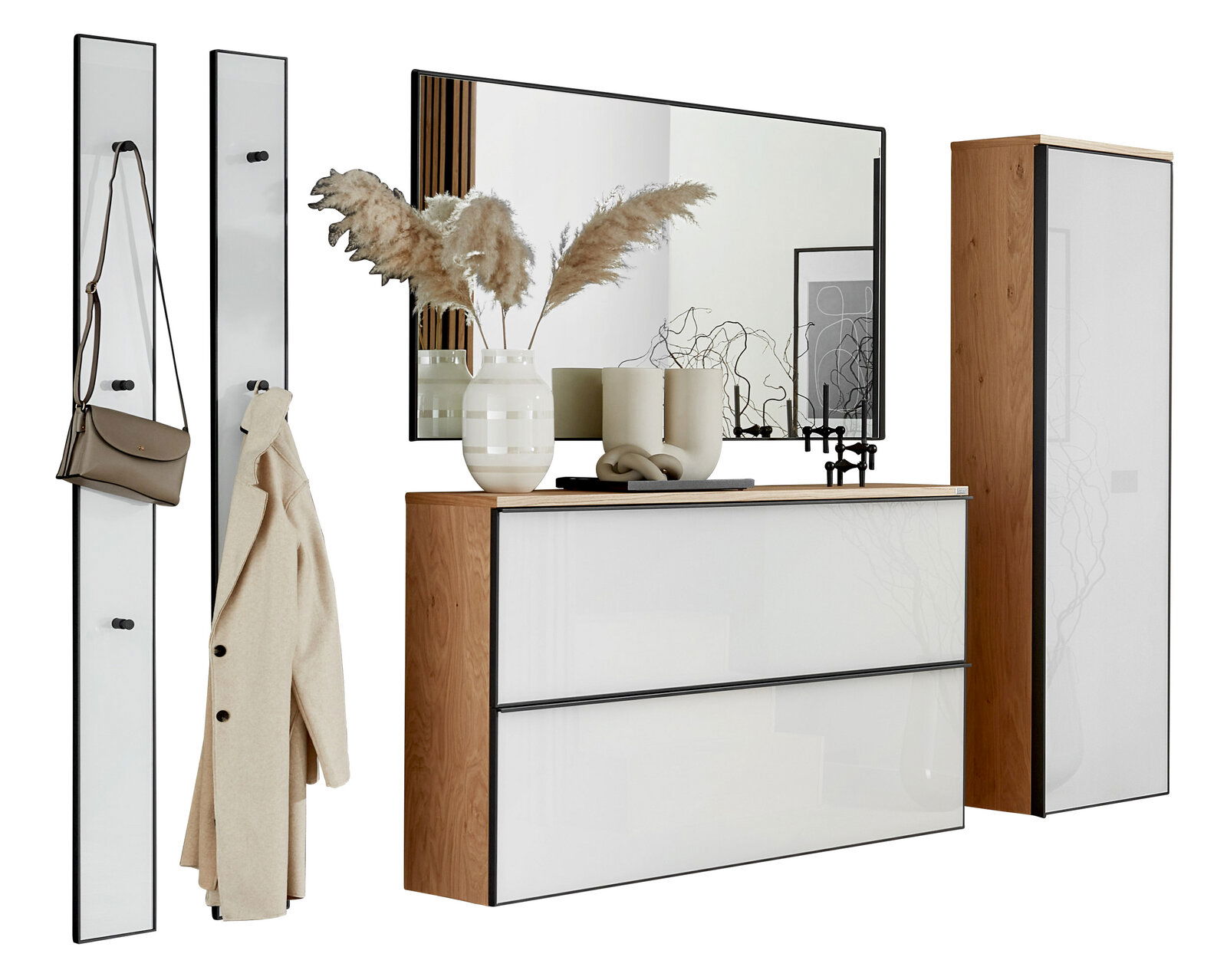 Modernes Garderoben-Set mit Spiegel, Schrank und Haken, aus Holz und Glas, seitliche Perspektive