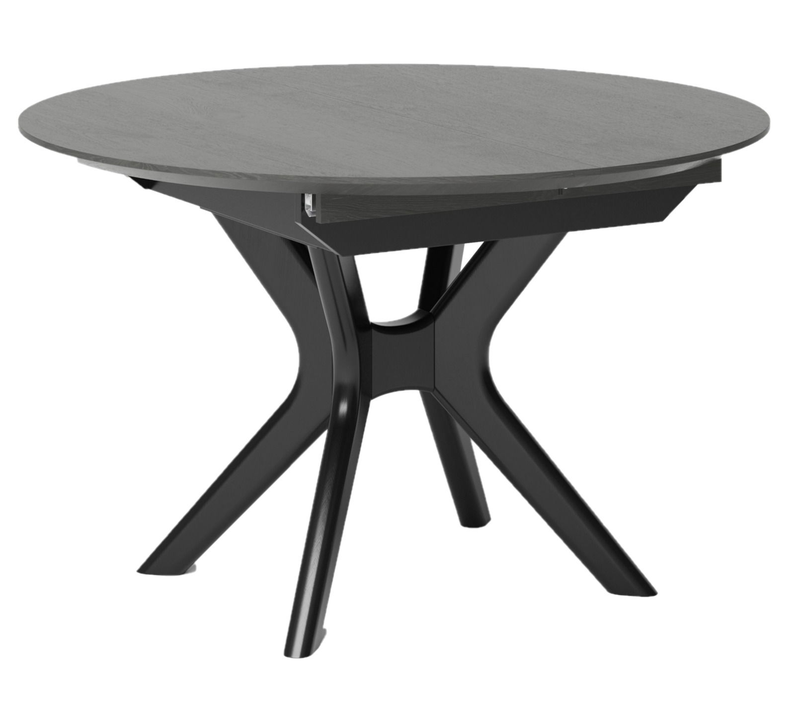 Runder Esstisch mit schwarzem, modernem Design und gekreuzten Beinen, seitliche Perspektive