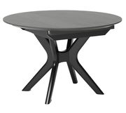 Runder Esstisch mit schwarzem, modernem Design und gekreuzten Beinen, seitliche Perspektive