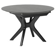 Runder Esstisch mit schwarzem, modernem Design und gekreuzten Beinen, seitliche Perspektive