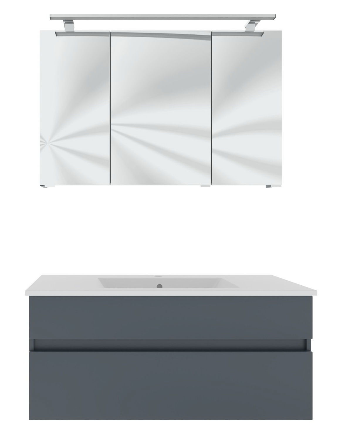 Moderner Badblock mit Spiegel und Waschbecken, Frontalansicht