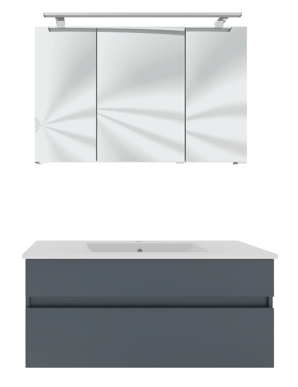 Moderner Badblock mit Spiegel und Waschbecken, Frontalansicht