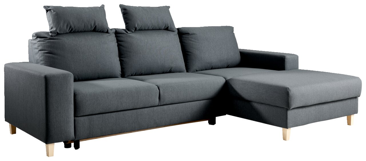 Graues Ecksofa mit drei Sitzplätzen und einer Ottomane auf der rechten Seite, Perspektive von vorne links