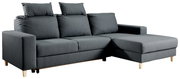 Graues Ecksofa mit drei Sitzplätzen und einer Ottomane auf der rechten Seite, Perspektive von vorne links