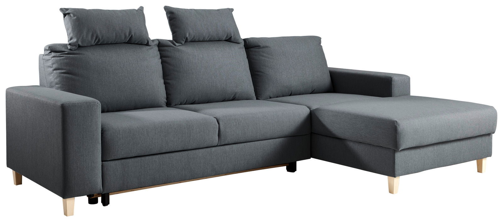 Graues Ecksofa mit drei Sitzplätzen und einer Ottomane auf der rechten Seite, Perspektive von vorne links