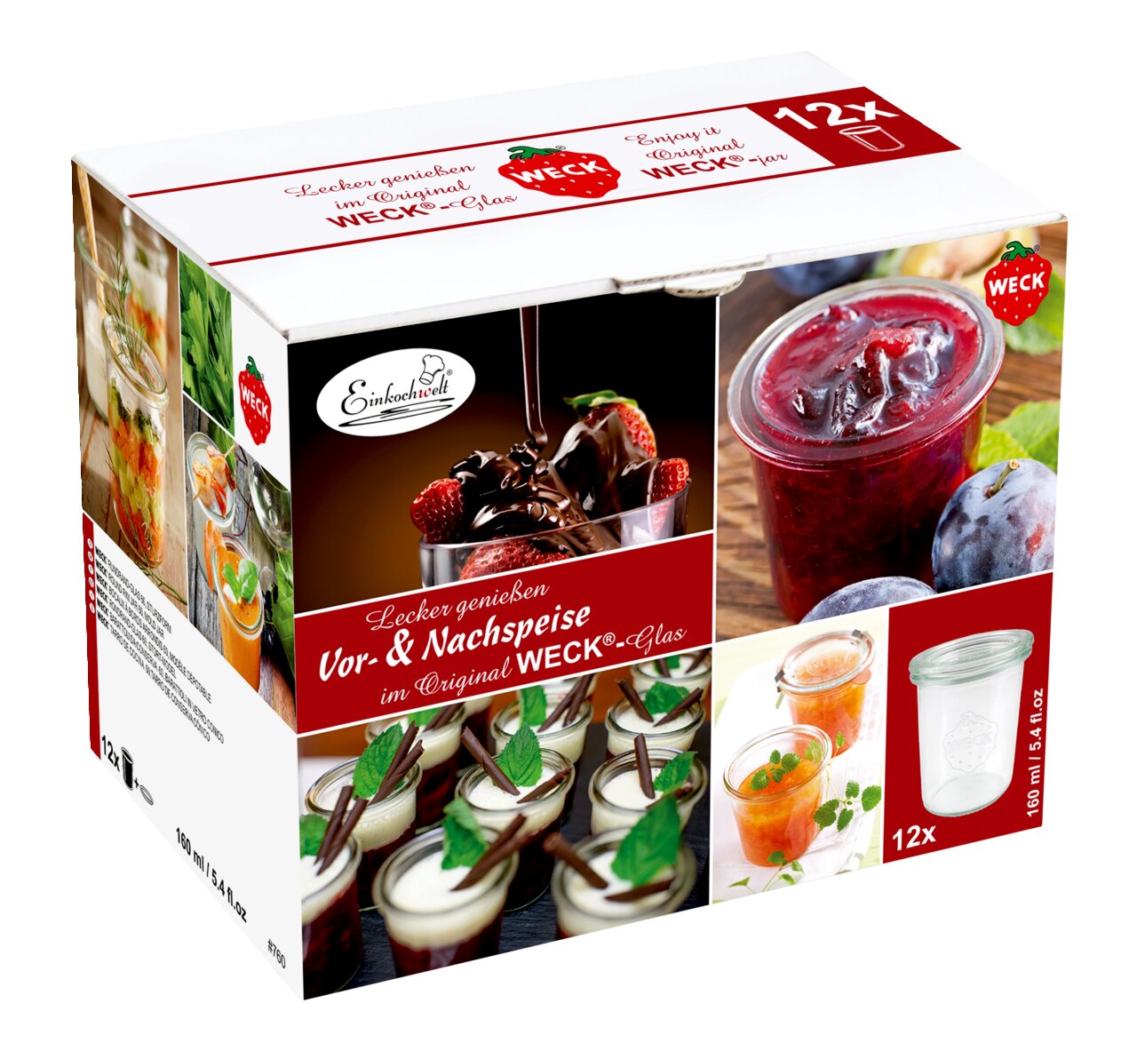 Verpackung mit 12 WECK Vor- & Nachspeisengläsern, 160ml, mit verschiedenen Dessert- und Vorspeisenideen, Perspektive von schräg oben.