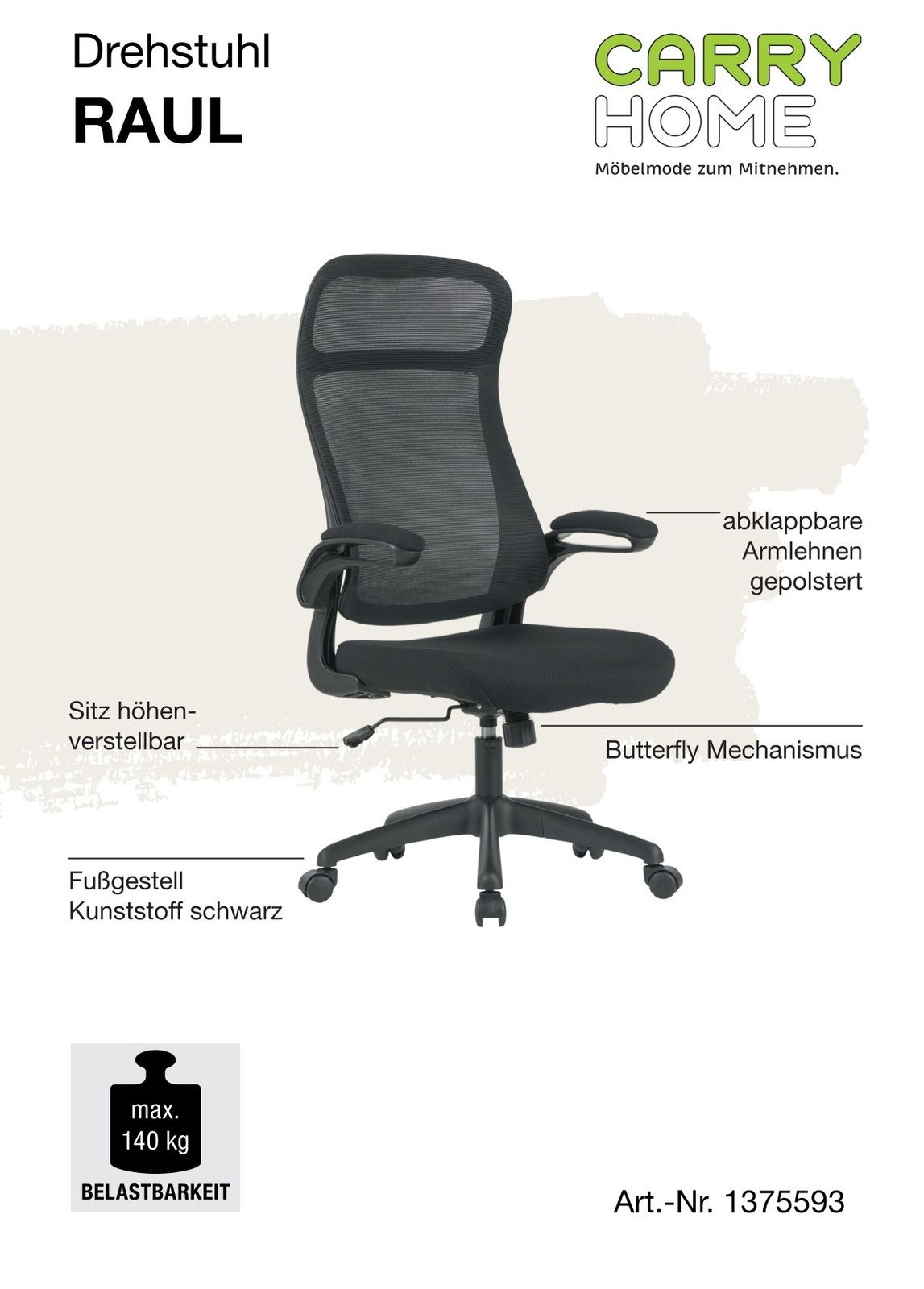 Schwarzer Drehstuhl mit höhenverstellbarem Sitz, gepolsterten, abklappbaren Armlehnen und Butterfly-Mechanismus, seitliche Perspektive
