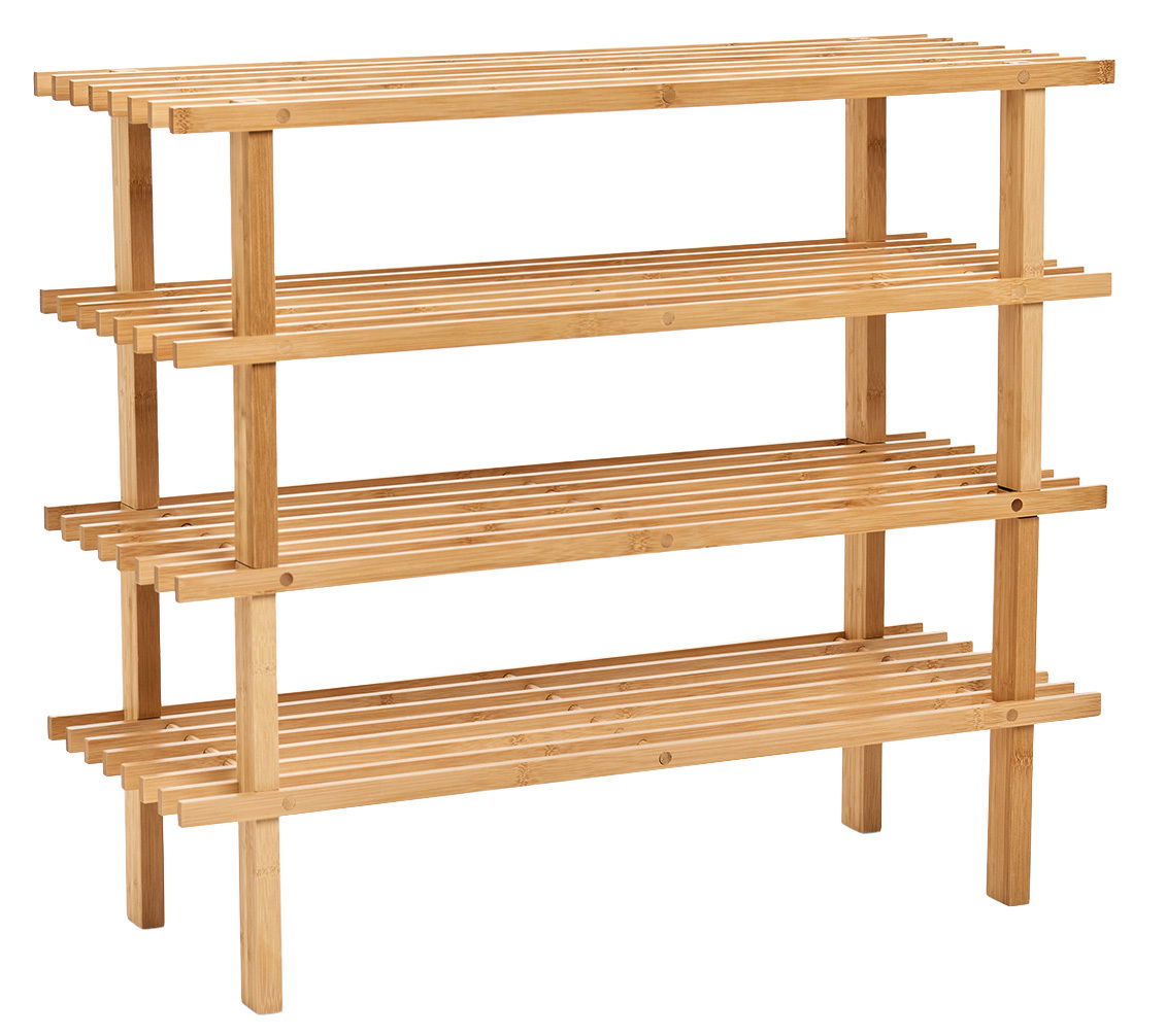 Schuhregal aus Holz mit vier Ablagen, seitliche Perspektive