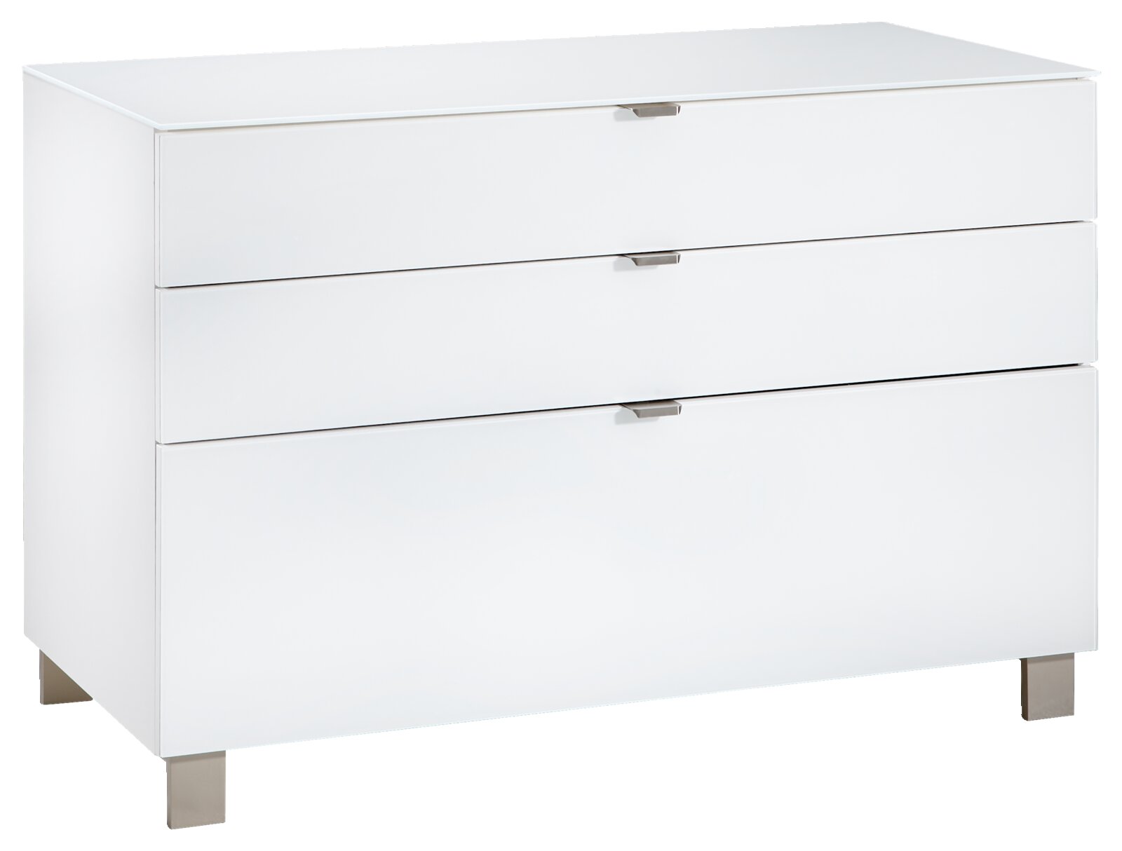 Weißes Sideboard mit drei Schubladen, Ansicht von schräg vorne