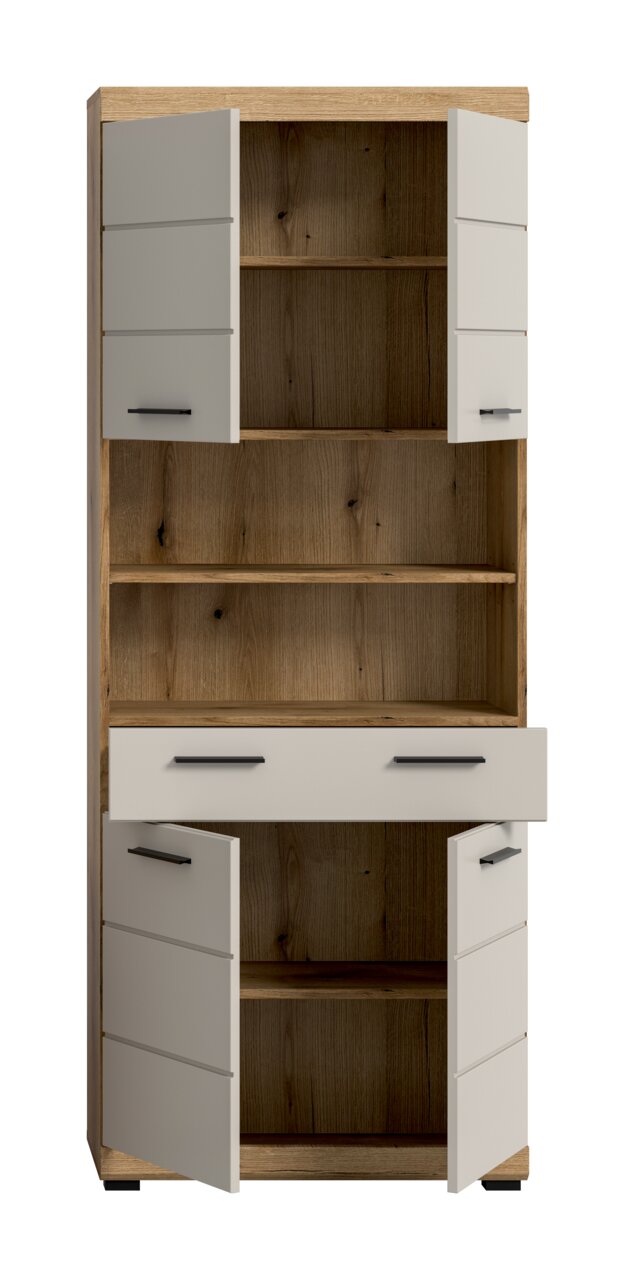 Hoher Holzschrank in Eiche-Optik mit weißen Fronten, schwarzem Griff, offener Mittelablage und geöffneter Schublade, frontal von vorn gezeigt