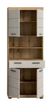 Hoher Holzschrank in Eiche-Optik mit weißen Fronten, schwarzem Griff, offener Mittelablage und geöffneter Schublade, frontal von vorn gezeigt