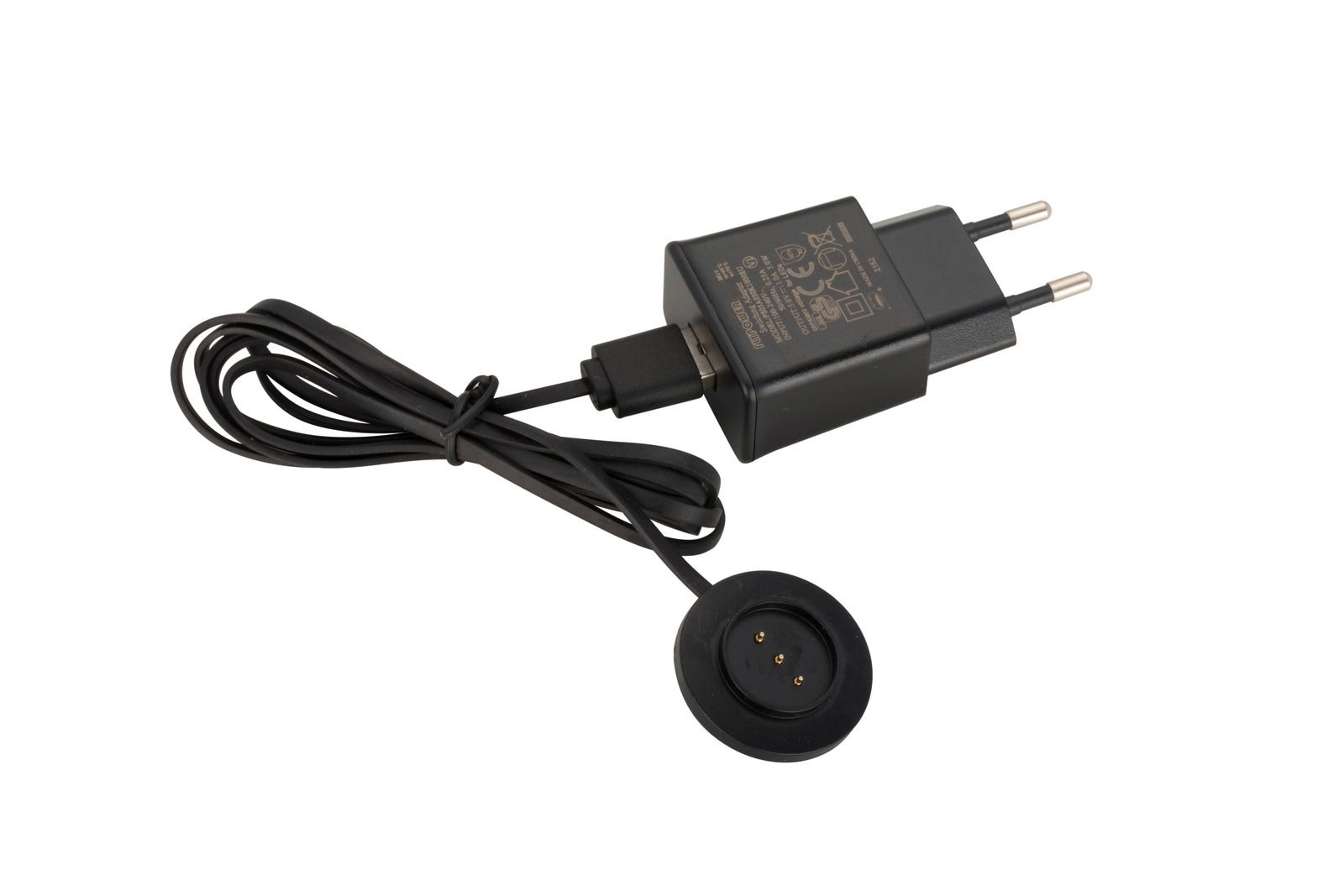 Schwarzes Ladegerät mit Kabel und magnetischem Anschluss, seitliche Perspektive