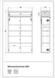 Technische Zeichnung eines Hängeschuhschranks mit den Maßen: Breite 56 cm, Höhe 97 cm, Tiefe 22 cm, Vorder- und Seitenansicht.