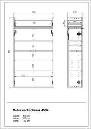 Technische Zeichnung eines Hängeschuhschranks mit den Maßen: Breite 56 cm, Höhe 97 cm, Tiefe 22 cm, Vorder- und Seitenansicht.