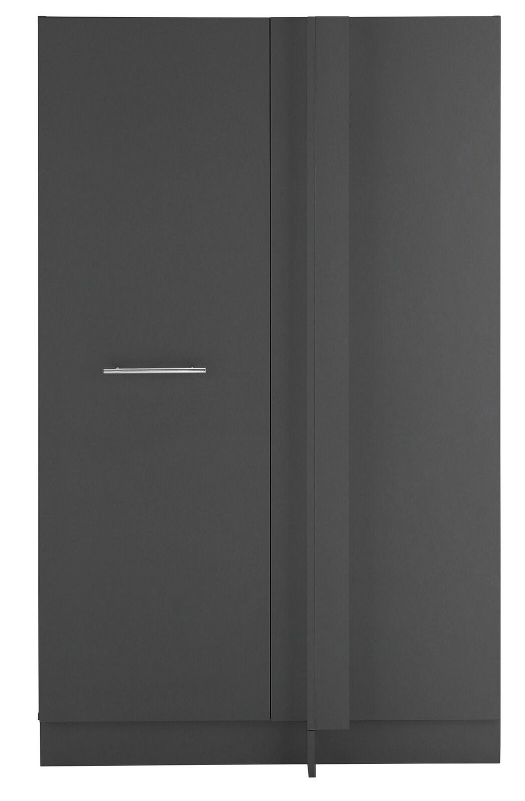 Vorderansicht eines modernen, dunkelgrauen Eckschranks mit minimalistischer Metallgriffleiste.