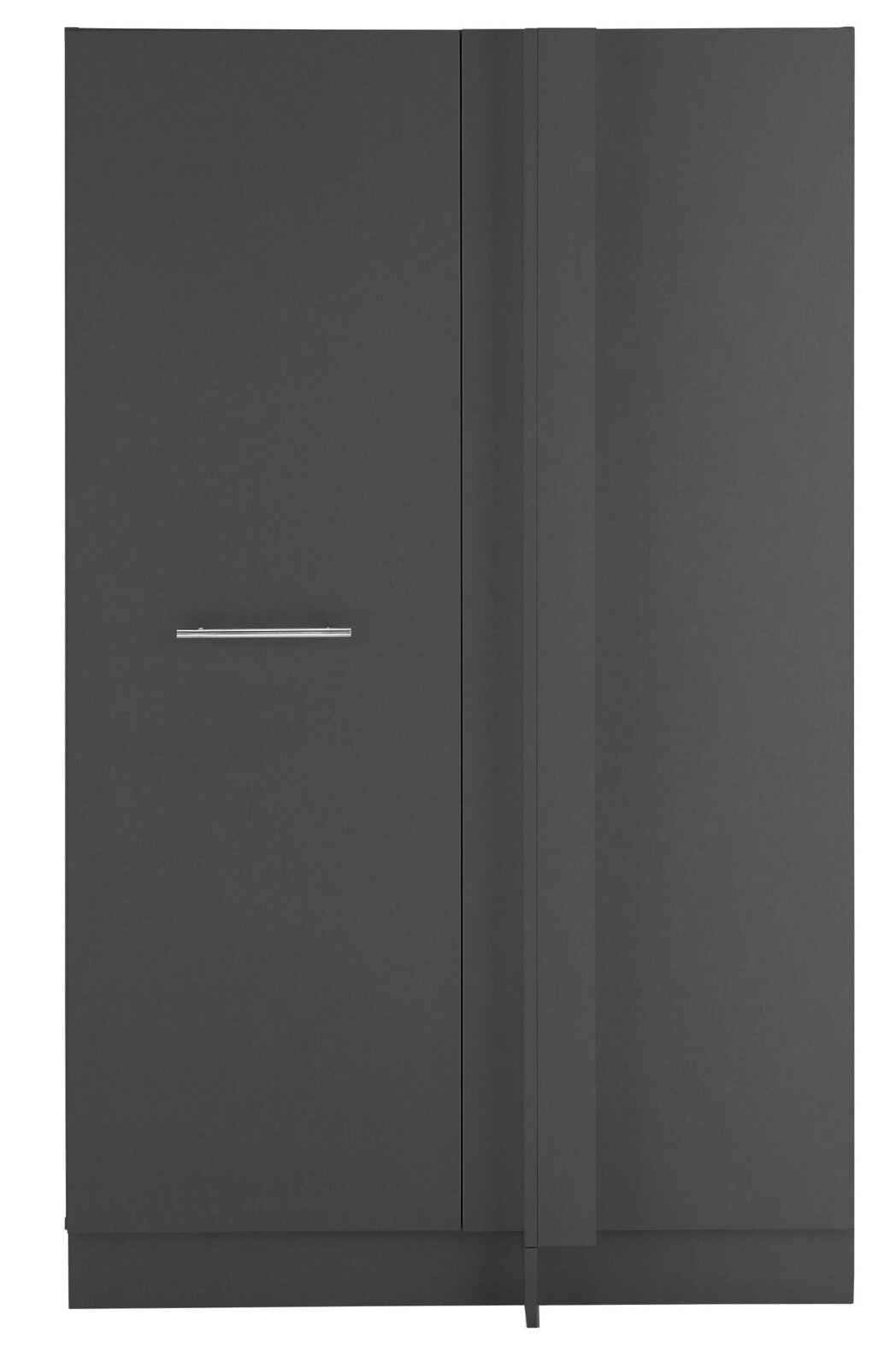 Vooraanzicht van een moderne, donkergrijze hoekkast met een minimalistische metalen handgreep.