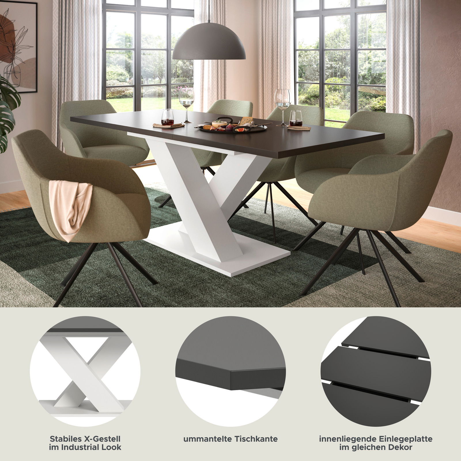Moderner Esstisch mit stabilem X-Gestell im Industrial Look, ummantelter Tischkante und innenliegender Einlegeplatte, aus der Perspektive eines hellen Esszimmers mit großen Fenstern.
