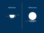 Grafische Darstellung einer Kaffeeoberen (Tasse) und Kaffeeunteren (Untertasse) mit Maßen: Tasse 180 ml, Höhe 6 cm, Ø 9 cm; Untertasse Höhe 2 cm, Ø 14 cm; Perspektive: links Seitenansicht der Tasse, rechts Draufsicht und Seitenprofil der Untertasse.