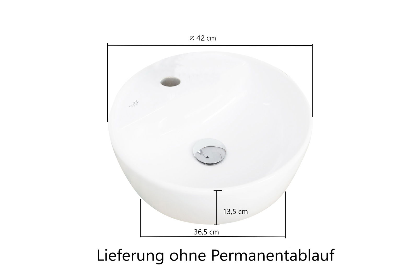 Runder Waschtisch mit einem Durchmesser von 42 cm, Seitenansicht. Lieferung ohne Permanentablauf.