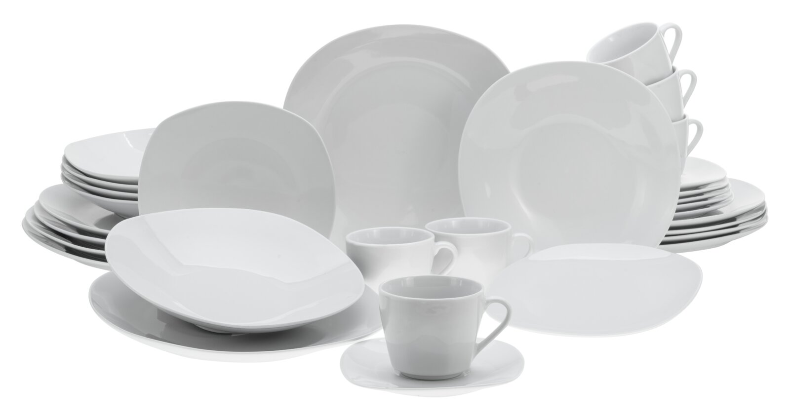 Creatable Kombiservice 30-tlg SQUARE Weißes, glänzendes Porzellan-Geschirrset mit Tellern, Schalen und Tassen auf weißem Hintergrund, perspektivische Frontansicht leicht von oben.