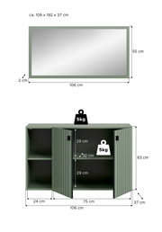 Maßskizze eines olivgrünen Sideboards mit zwei geöffneten Lamellentüren und Einlegeboden, ca. 106 × 63 × 37 cm, inklusive Fachmaßen und 5-kg-Belastungsangaben, frontale Ansicht.