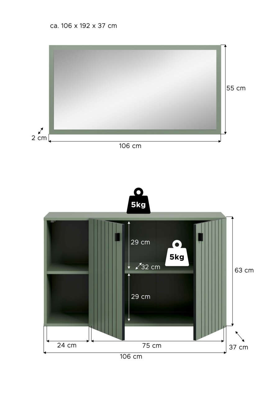 Maßskizze eines olivgrünen Sideboards mit zwei geöffneten Lamellentüren und Einlegeboden, ca. 106 × 63 × 37 cm, inklusive Fachmaßen und 5-kg-Belastungsangaben, frontale Ansicht.