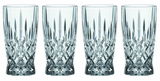 Vier elegante Softdrinkgläser Noblesse mit Kristallschliff, frontal abgebildet.