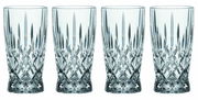 Vier elegante Softdrinkgläser Noblesse mit Kristallschliff, frontal abgebildet.