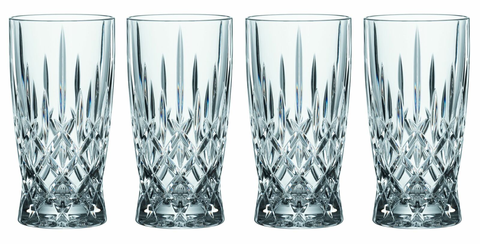 Vier elegante Softdrinkgläser Noblesse mit Kristallschliff, frontal abgebildet.
