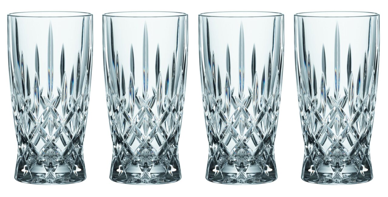 Vier elegante Softdrinkgläser Noblesse mit Kristallschliff, frontal abgebildet.