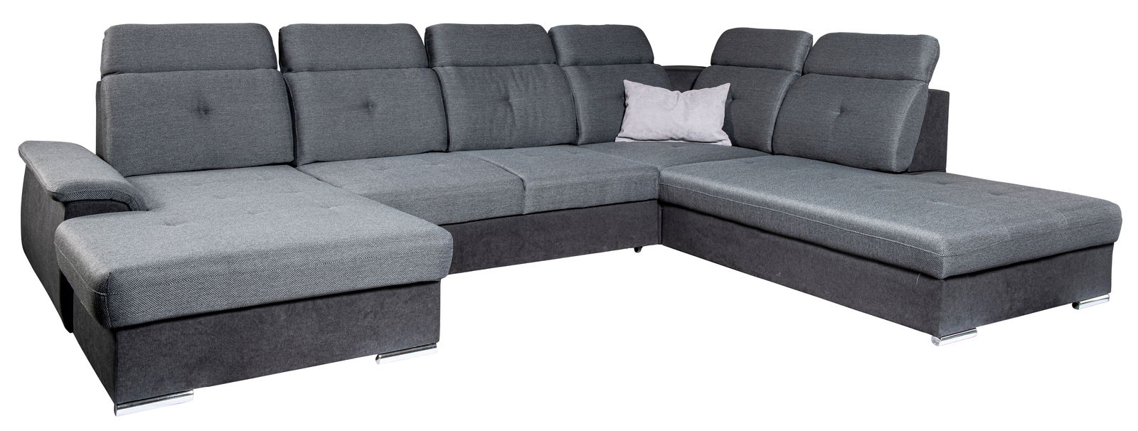 Graues Ecksofa in U-Form mit einem Kissen, Perspektive von vorne links