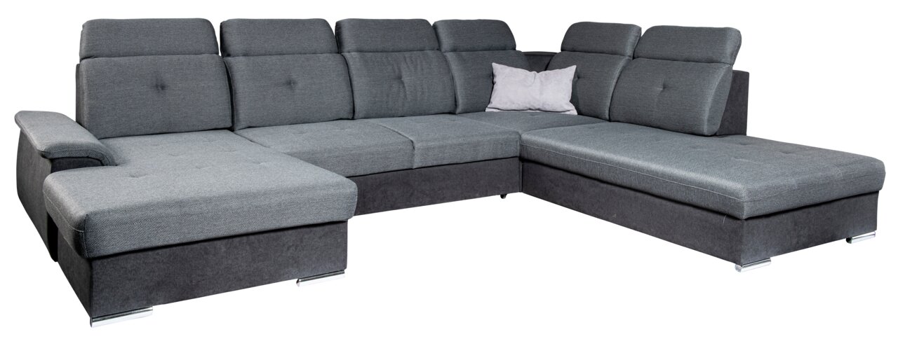 Graues Ecksofa in U-Form mit einem Kissen, Perspektive von vorne links