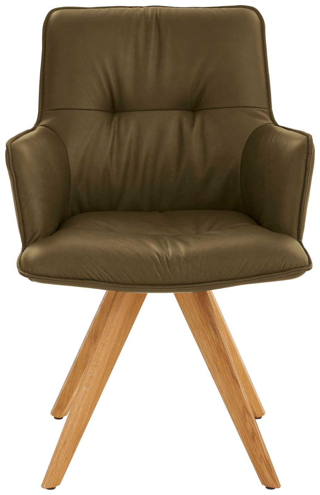 Design-Schalensessel in olivgrünem Leder mit Holzbeinen, Frontalansicht