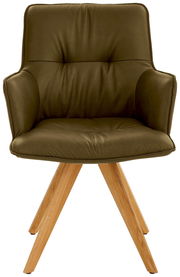 Design-Schalensessel in olivgrünem Leder mit Holzbeinen, Frontalansicht